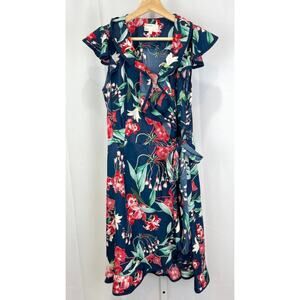KAREN WALKER Hi There Sz 10 Anthropologie Hibiscus Floral Wrap Dress Blue Multi
